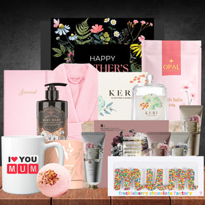 A Mother's Day gift set with a floral card, pink robe, body wash, scented candle, bath salts, mug, chocolate, and spa products, exuding warmth and love.