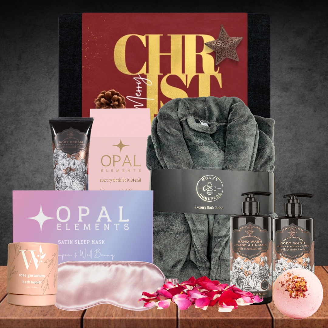 Melbourne Christmas Pamper Hamper For Her with Honey Homeware Luxury grey Bath Robe