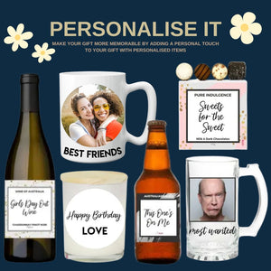 Gift personalization items including a wine bottle, custom mugs, chocolates, candle, and beer bottle, with playful labels and warm tones.