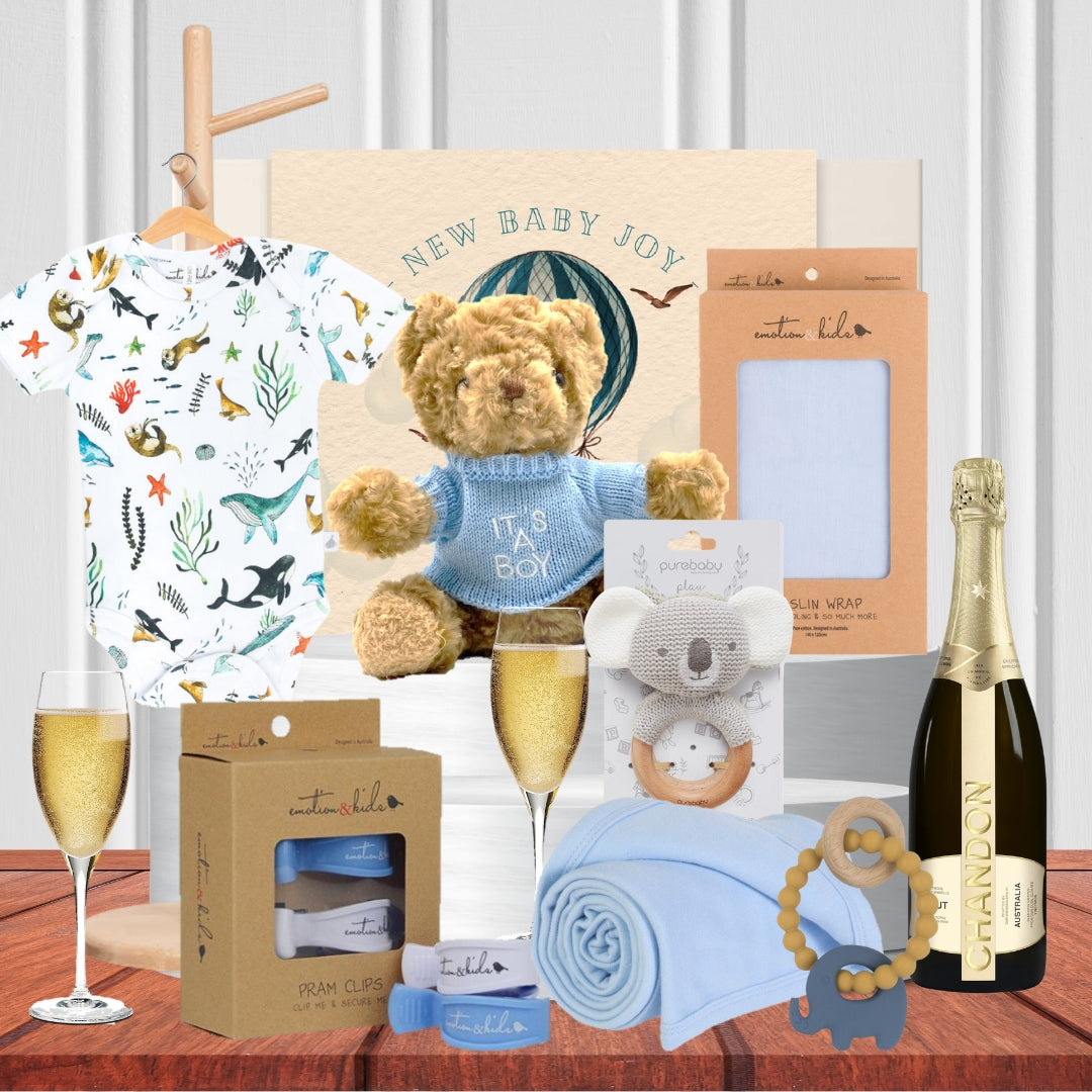 Blue Bubbles Baby Bear baby gift hamper for a newborn boy