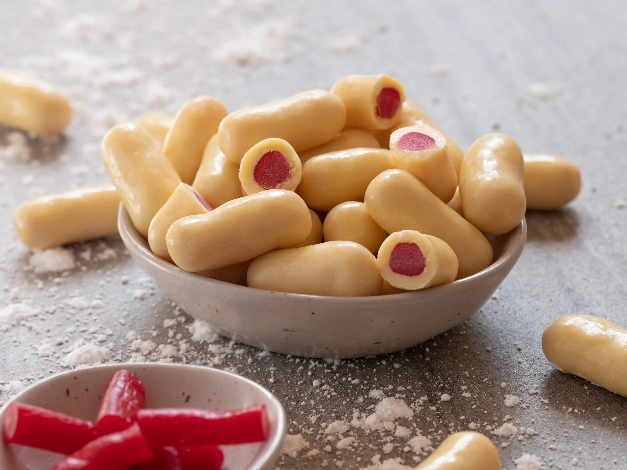 Bowl of Darrel Lea White Chocolate Raspberry Bullets