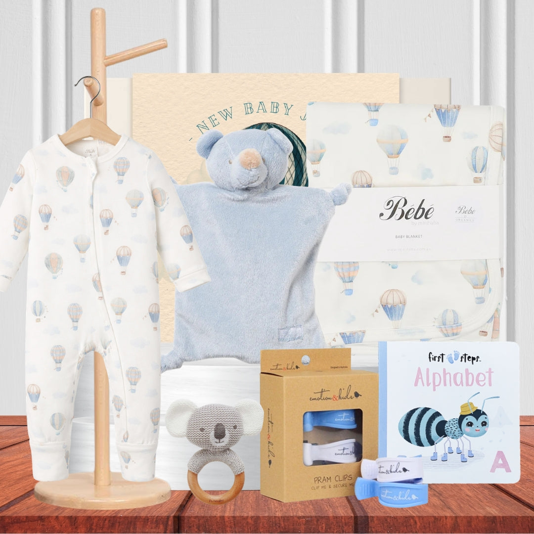 Welcome to the World Baby Boy Hamper with newborn baby essentials