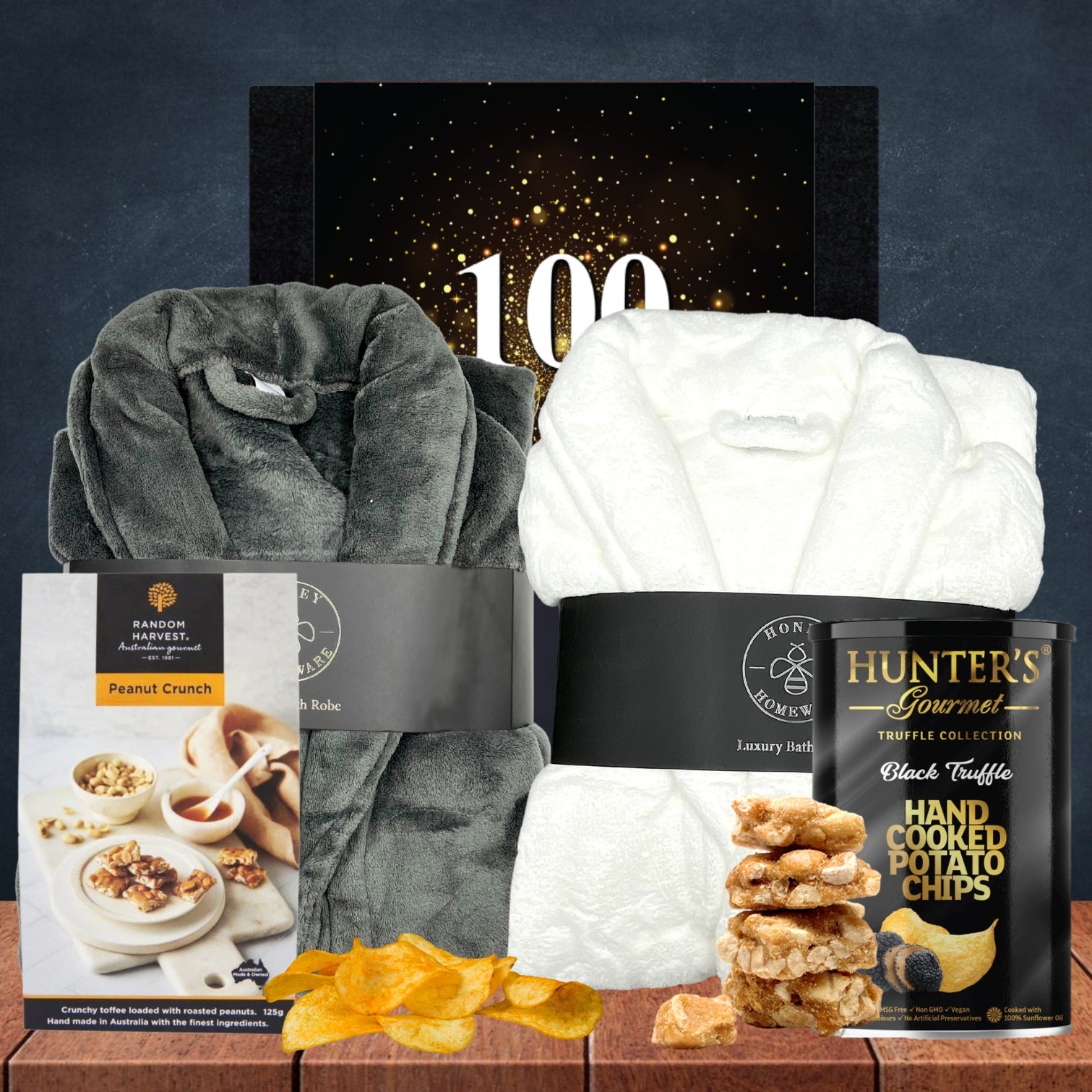 Happy 100th Plush Bathrobe & Snacks Hamper