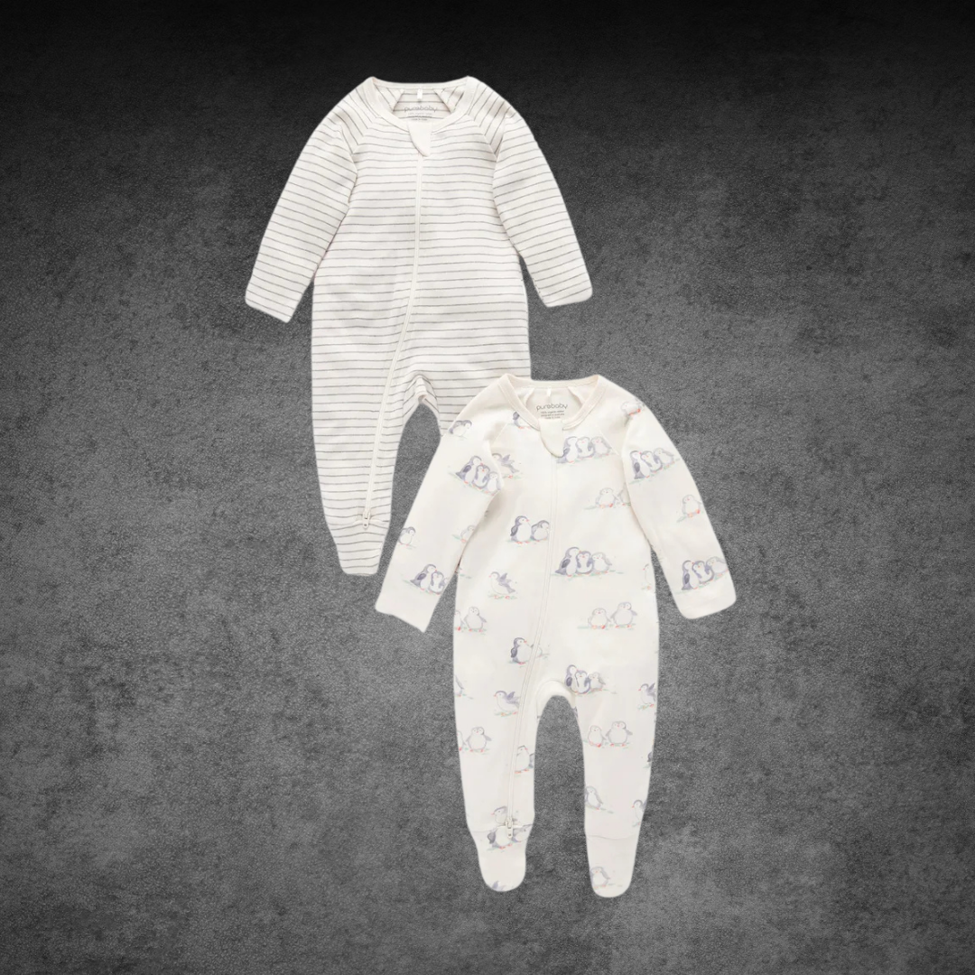 2pk Pure Baby Penguin Print Growsuit