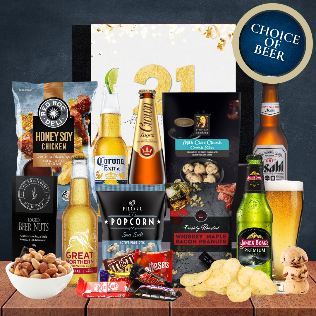 Assorted beer bottles and snacks on a wooden surface with a 'Choice of Beer' label.