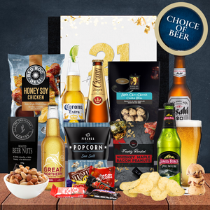 Assorted beer bottles and snacks on a wooden surface with a 'Choice of Beer' label.