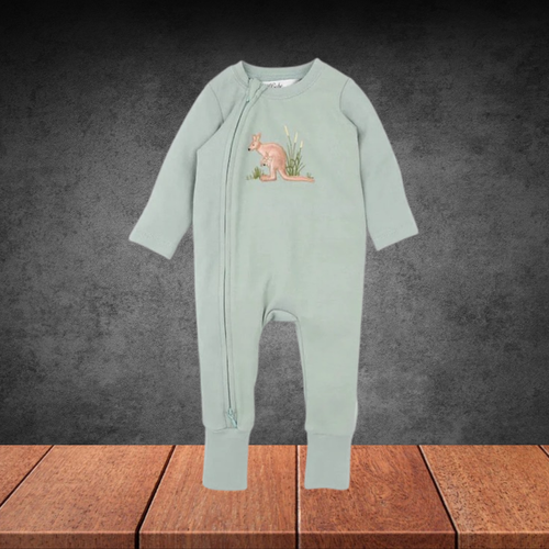 Bebe By Minihaha Charlie Kangaroo Organic L/S Zipsuit Dusty Green