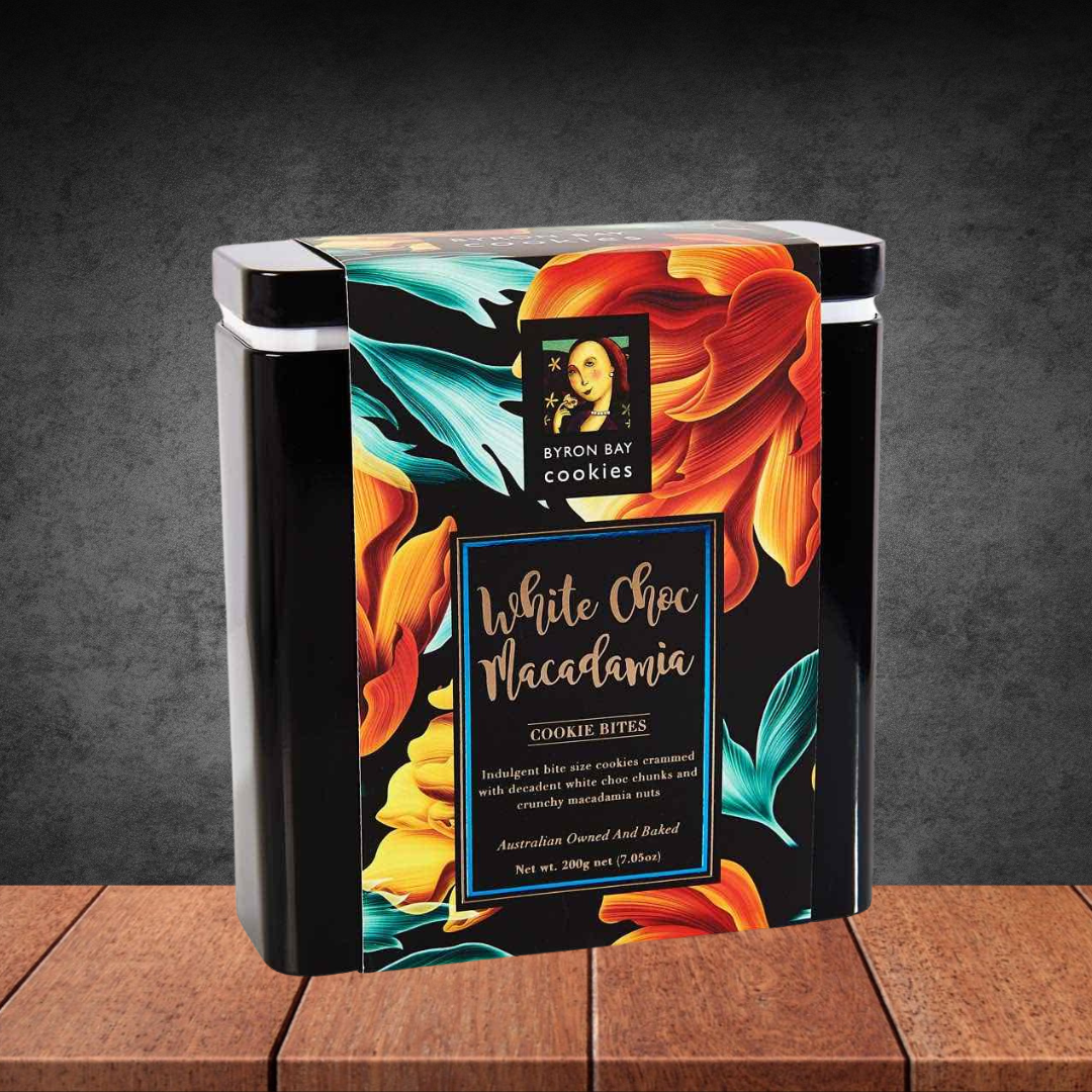 Byron Bay Cookies Floral Gift Tin White Choc Mac 200g