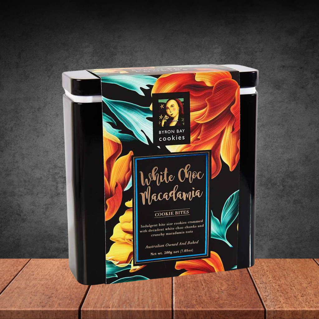 Byron Bay Cookies Floral Gift Tin White Choc Mac 200g