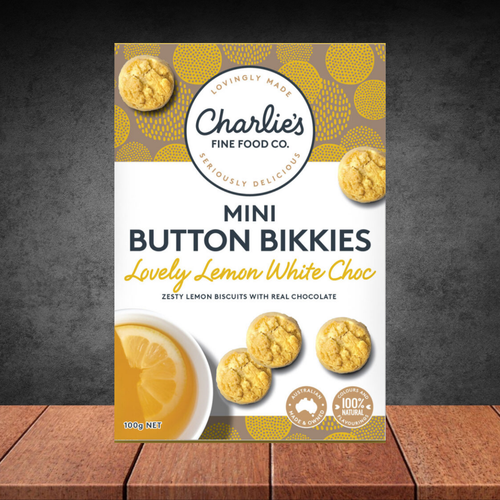 Charlie's Fine Food Co. Lovely Lemon White Choc Mini Button Bikkies 100g