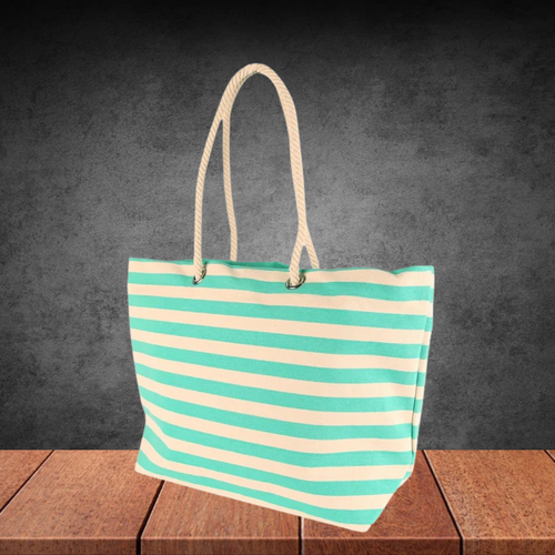Large Striped Canvas Tote Beach Bag Green- 55cm x 36cm