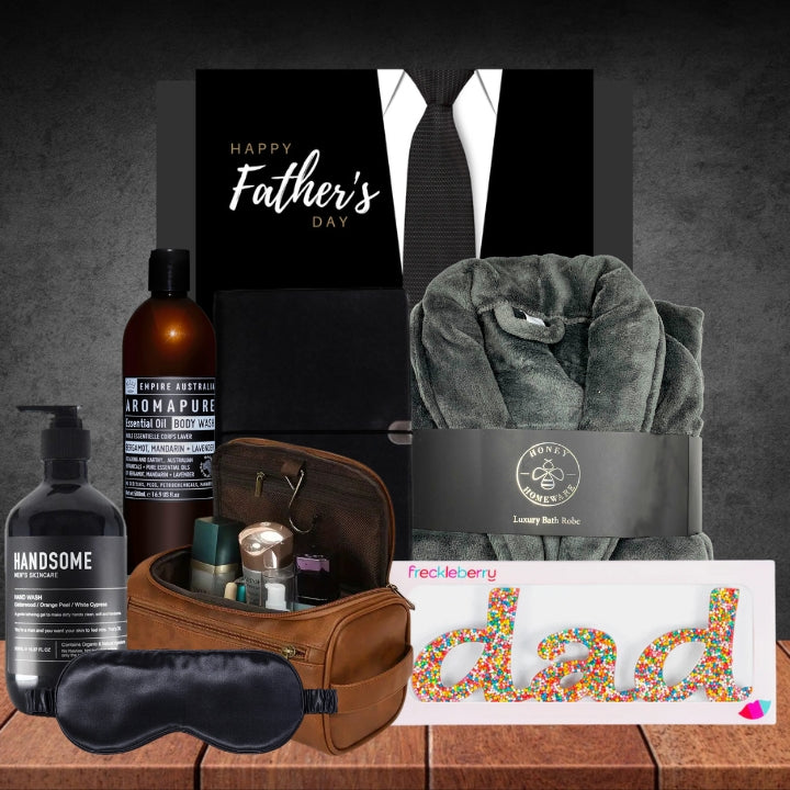 Lounging in Luxury Hamper For Dad with Honey Homeware Grey Luxury Bath Robe Grey