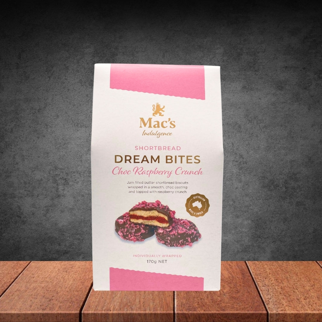 Mac's Indulgence Shortbread Dream Bites Choc Raspberry Crunch 170g