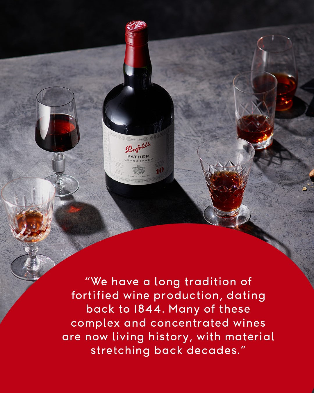 Penfolds Father 10 Year Old Grand Tawny Port 750ml with glasses