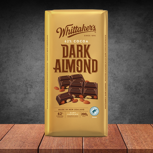 WHITTAKERS BLOCK CHOC 62% DARK ALMOND 200G