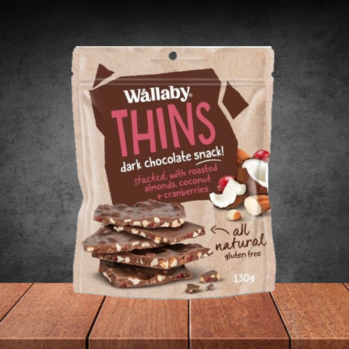 Wallaby Thins Almond Coconut Cranberry Dark Chocolate 130g