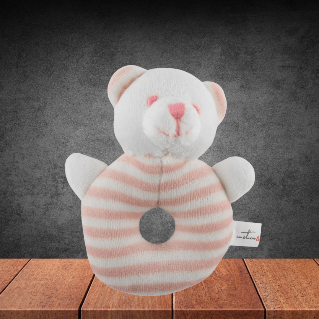 Emotion & Kids White and Pink Stripe Bear Rattle