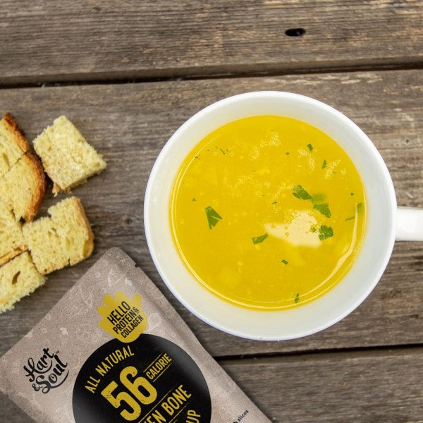 Hart & Soul Chicken Broth Soup 350g packet and Soup on the table