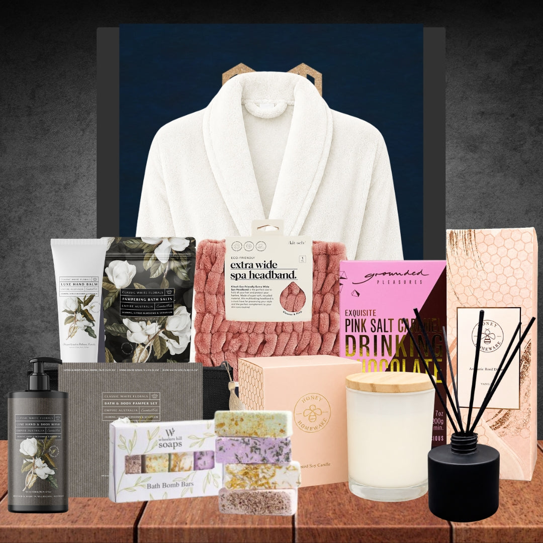 Her Empire Spa Hamper with white bath robe and floral spa essentials