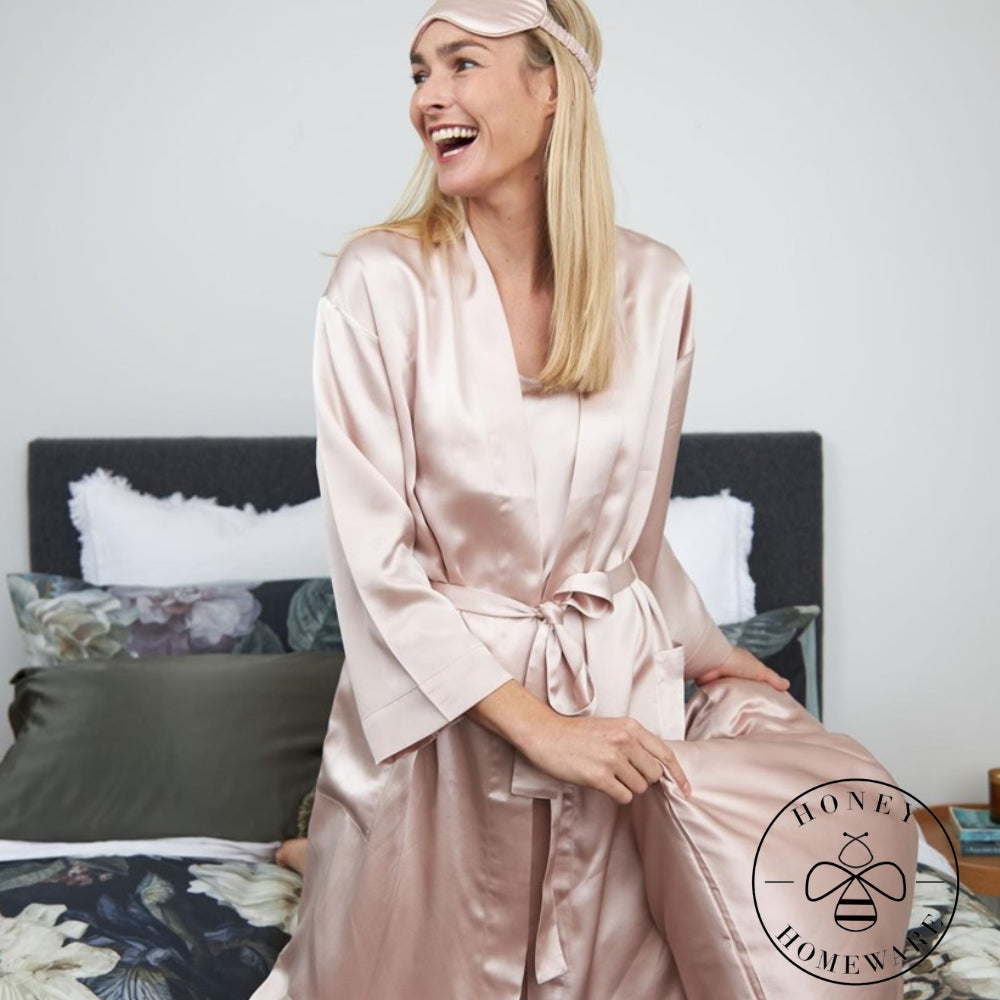 Girl wearing Honey Homeware Silky Bath Robe