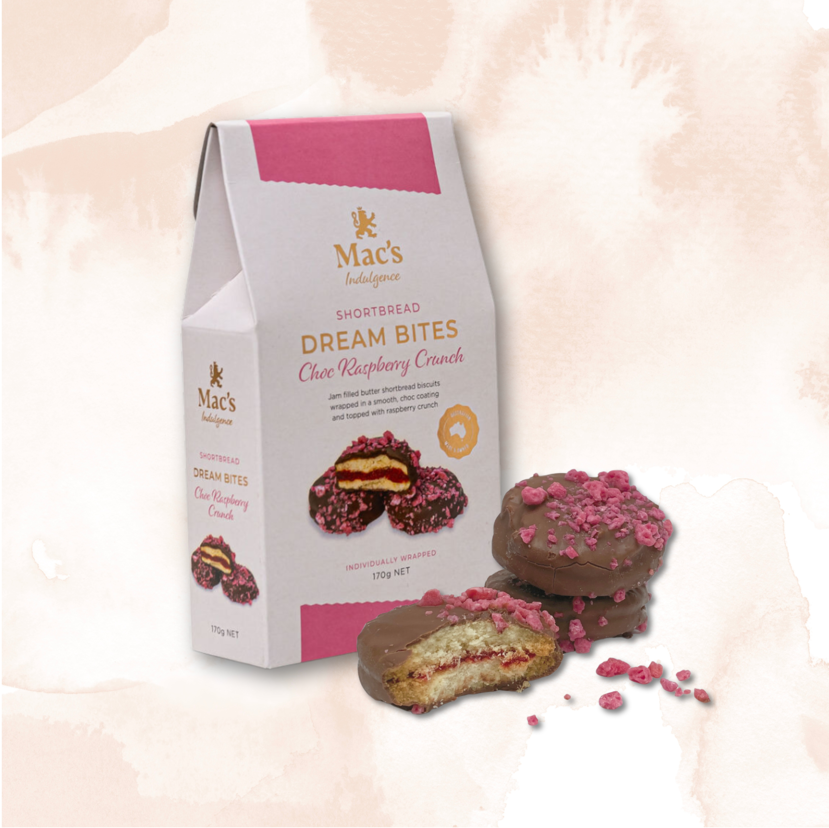 Mac's Indulgence Shortbread Dream Bites Choc Raspberry Crunch 170g