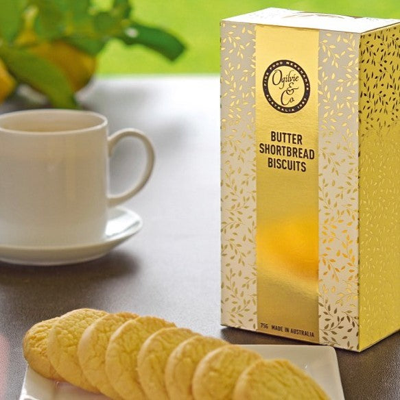 Ogilvie & Co Butter Shortbread Biscuits 75g box on the table