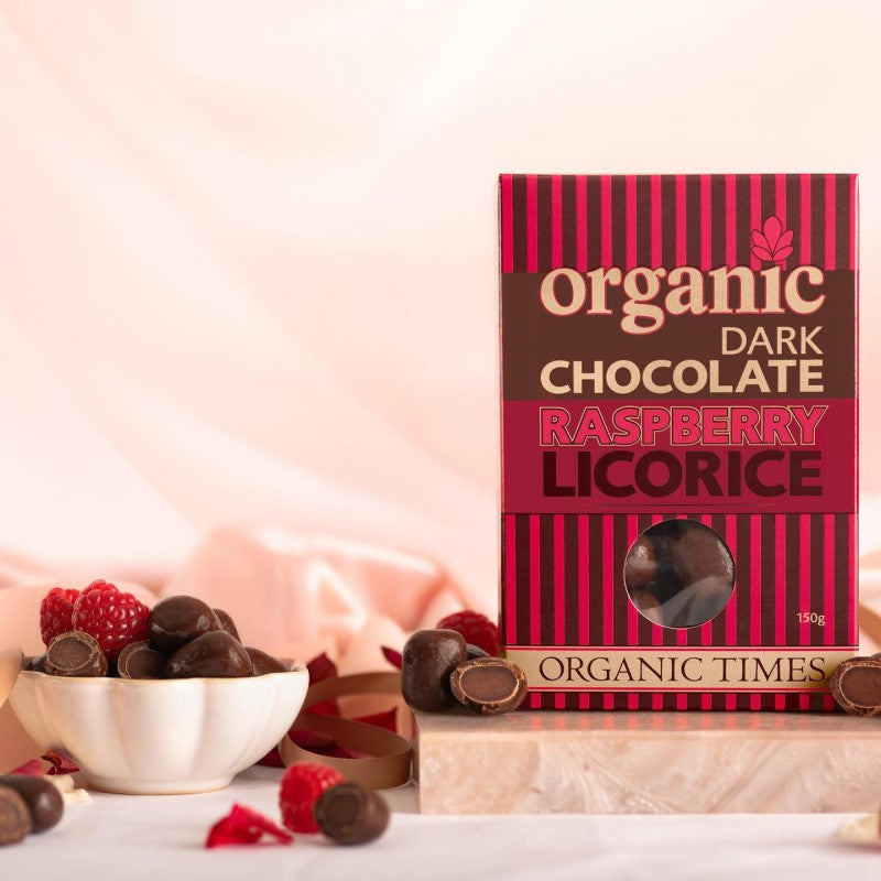 Organic Times Chocolate Coated Raspberry Licorice 150g