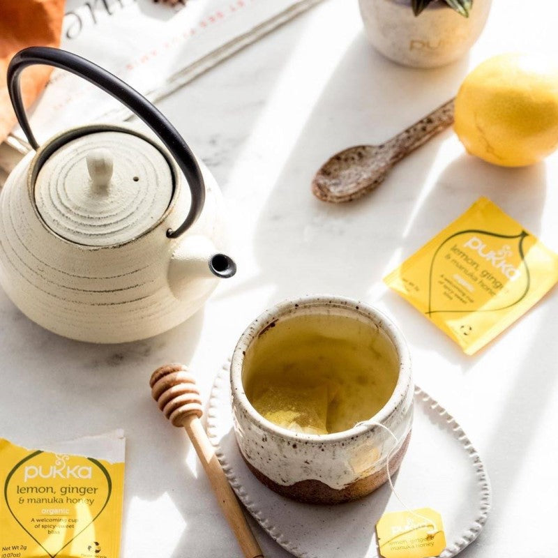 Pukka Lemongrass & Ginger Tea Box on the table