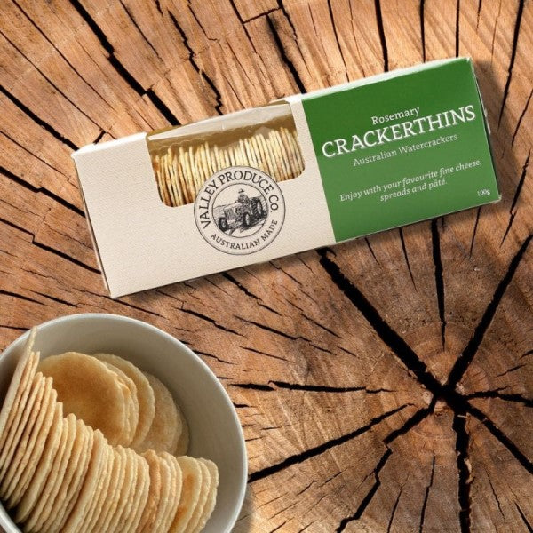 Valley Produce Co Rosemary Crackerthins 100g box and  bowl of Crackerthins  