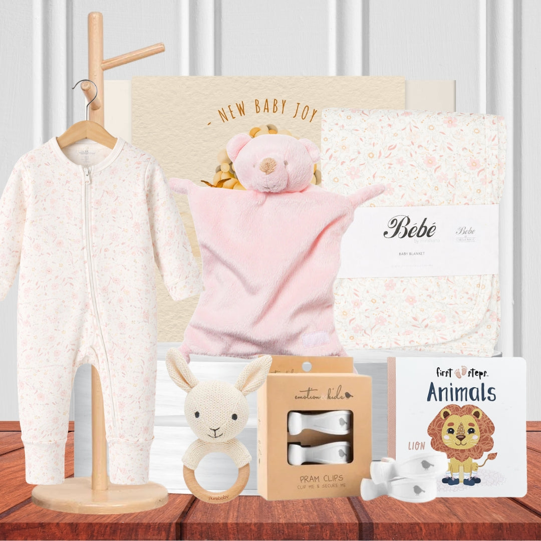 Welcome to the World Baby Girl Hamper with newborn baby essentials